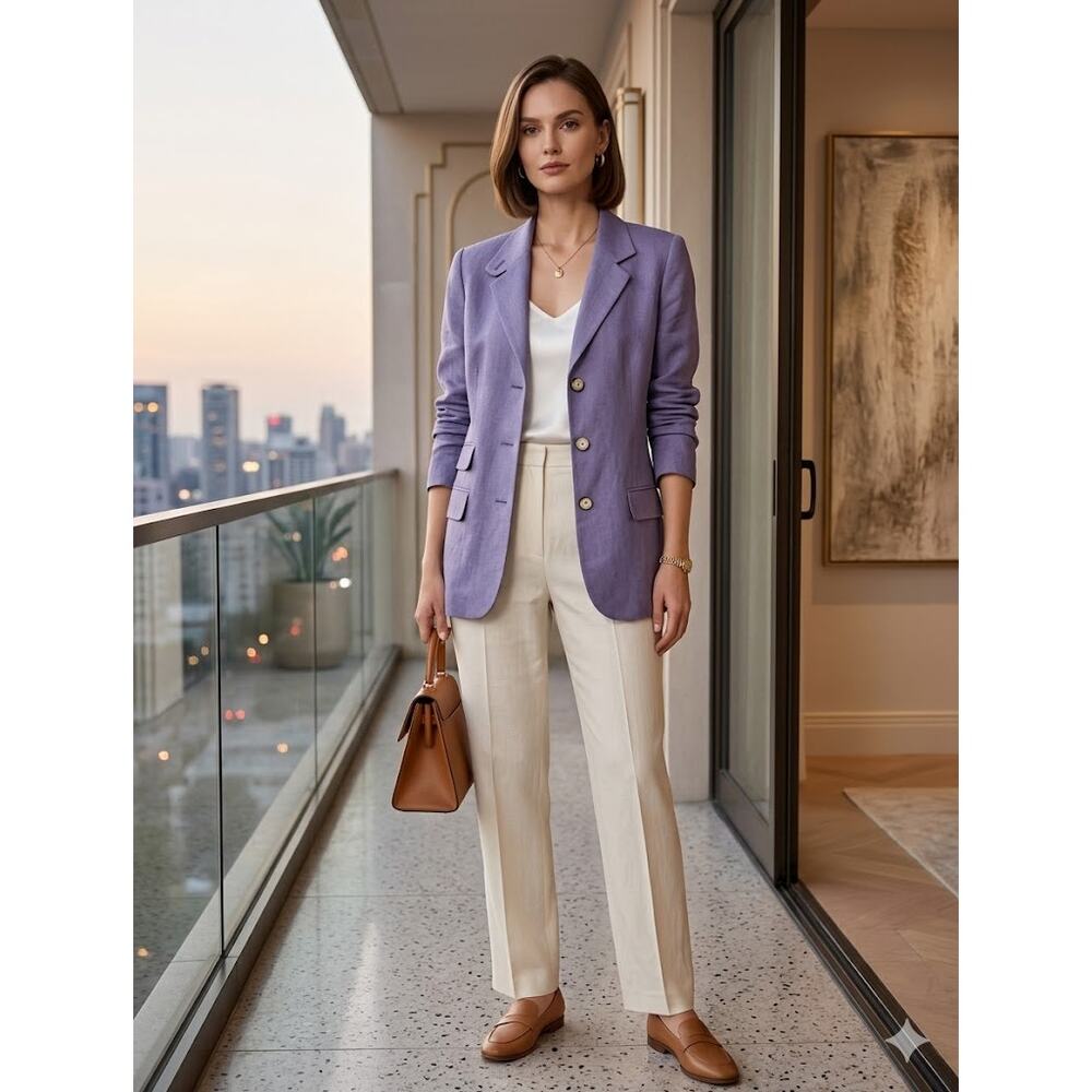 Liz Claiborne 6P Purple Linen Longline Blazer Coat Light Academia Minimalist